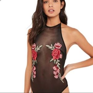 Misguided Mesh and floral halter Bodysuit